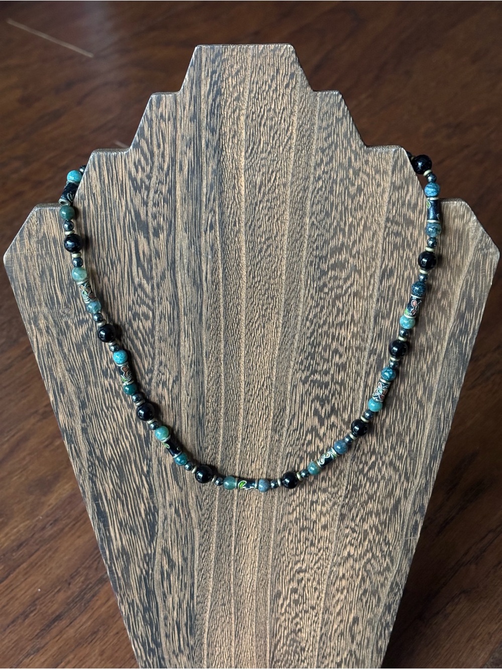 Vintage Jade Onyx Hematite Necklace | Cloisonné Bead Gold Clasp | 18 IN - Picture 2 of 6